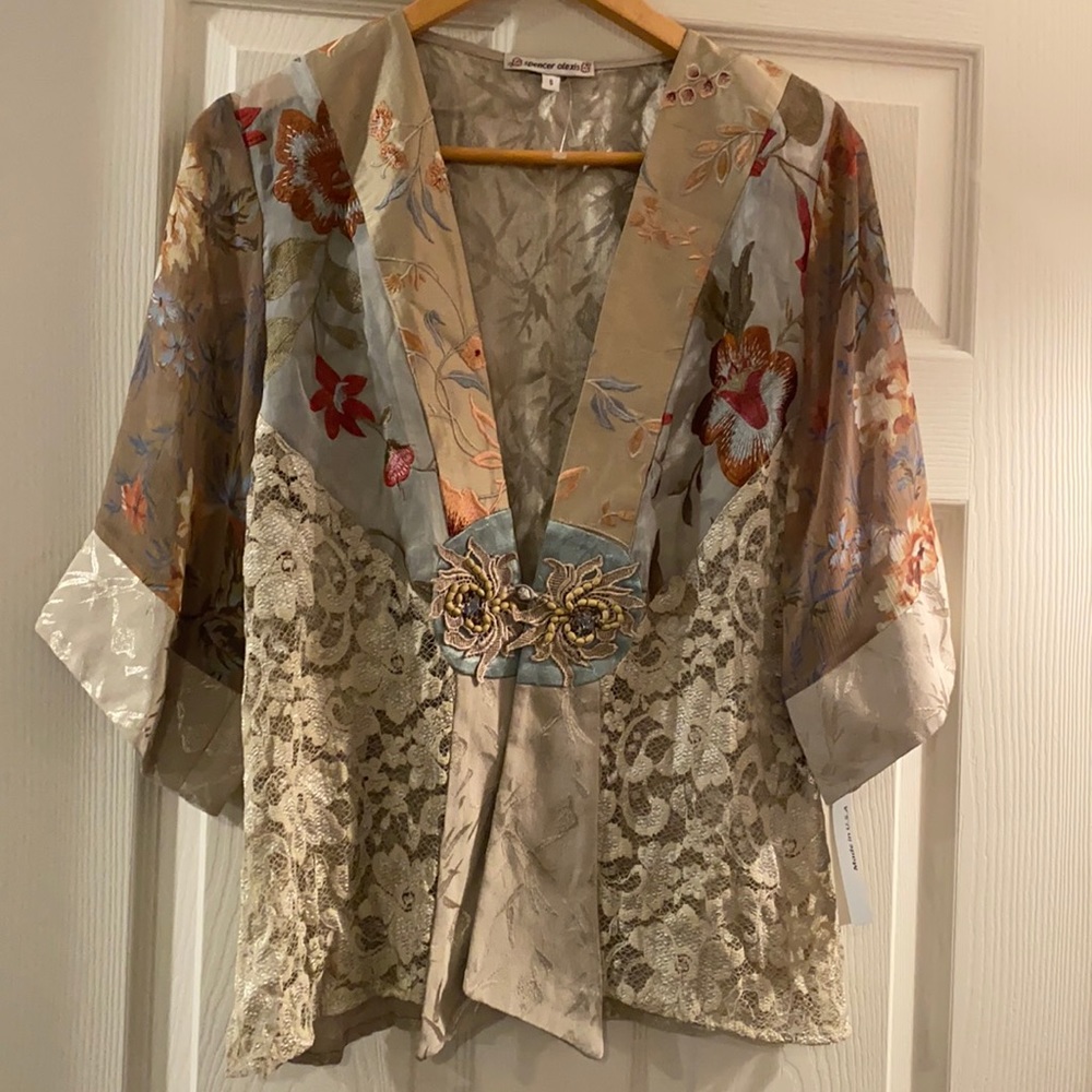 Spencer Alexis Kimono Jacket Cardigan Floral Mix Media Lace Silk Blend